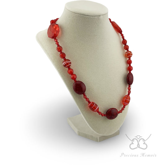 Red Bead Necklace w/ White Swirl Paint & Cracked Stone Design