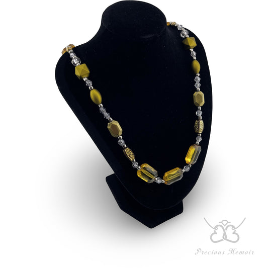 Gold Bead Necklace w/ Translucent Crystal & Antique Metal Design