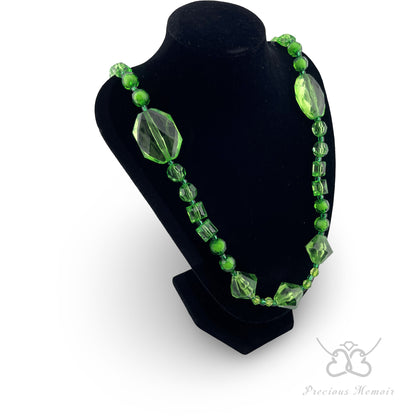 Green Bead Necklace w/ Faceted Translucent Crystal Design, 25"