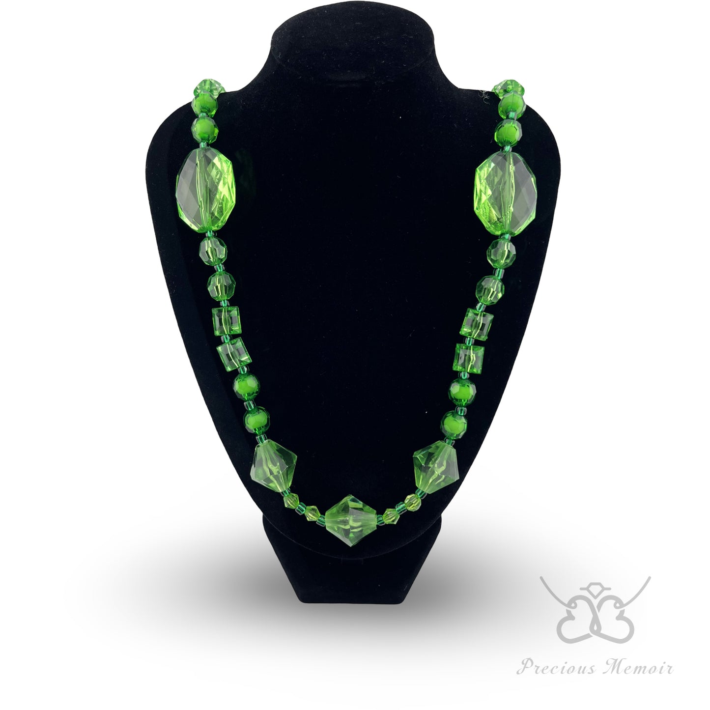 Green Bead Necklace w/ Faceted Translucent Crystal Design, 25"