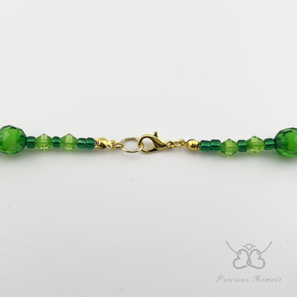 Green Bead Necklace w/ Faceted Translucent Crystal Design, 25"