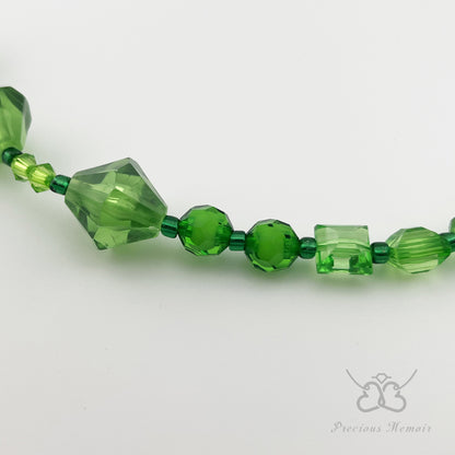 Green Bead Necklace w/ Faceted Translucent Crystal Design, 25"