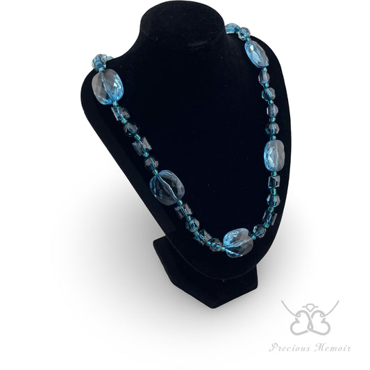 Blue Bead Necklace w/ Multi-Faceted Translucent Crystal Design