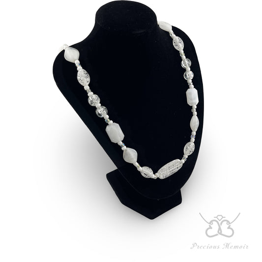 White Bead Necklace w/ Clouded Gems & Etched Flower Design