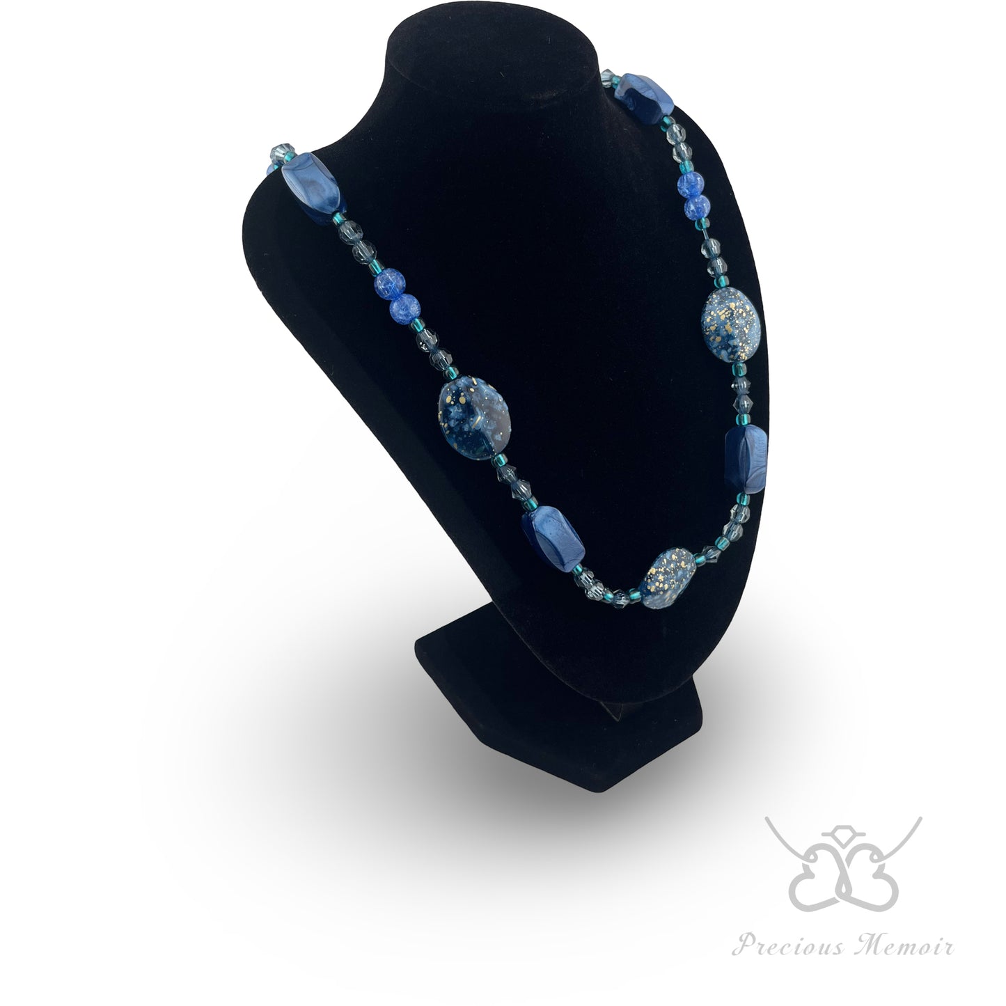 Blue Bead Necklace w/ Gold Speck & Swirl Gemstone Design