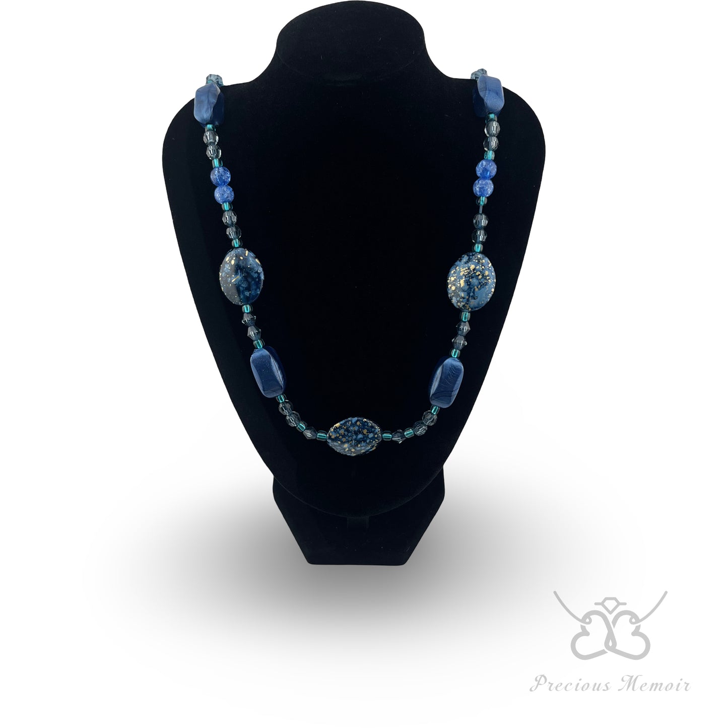 Blue Bead Necklace w/ Gold Speck & Swirl Gemstone Design