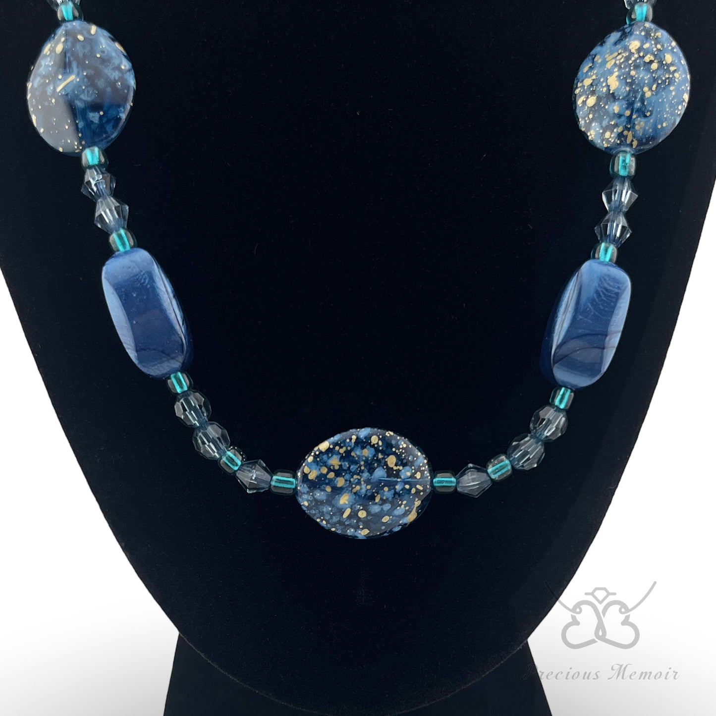 Blue Bead Necklace w/ Gold Speck & Swirl Gemstone Design