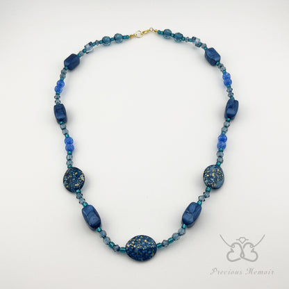 Blue Bead Necklace w/ Gold Speck & Swirl Gemstone Design