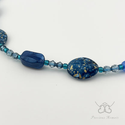 Blue Bead Necklace w/ Gold Speck & Swirl Gemstone Design