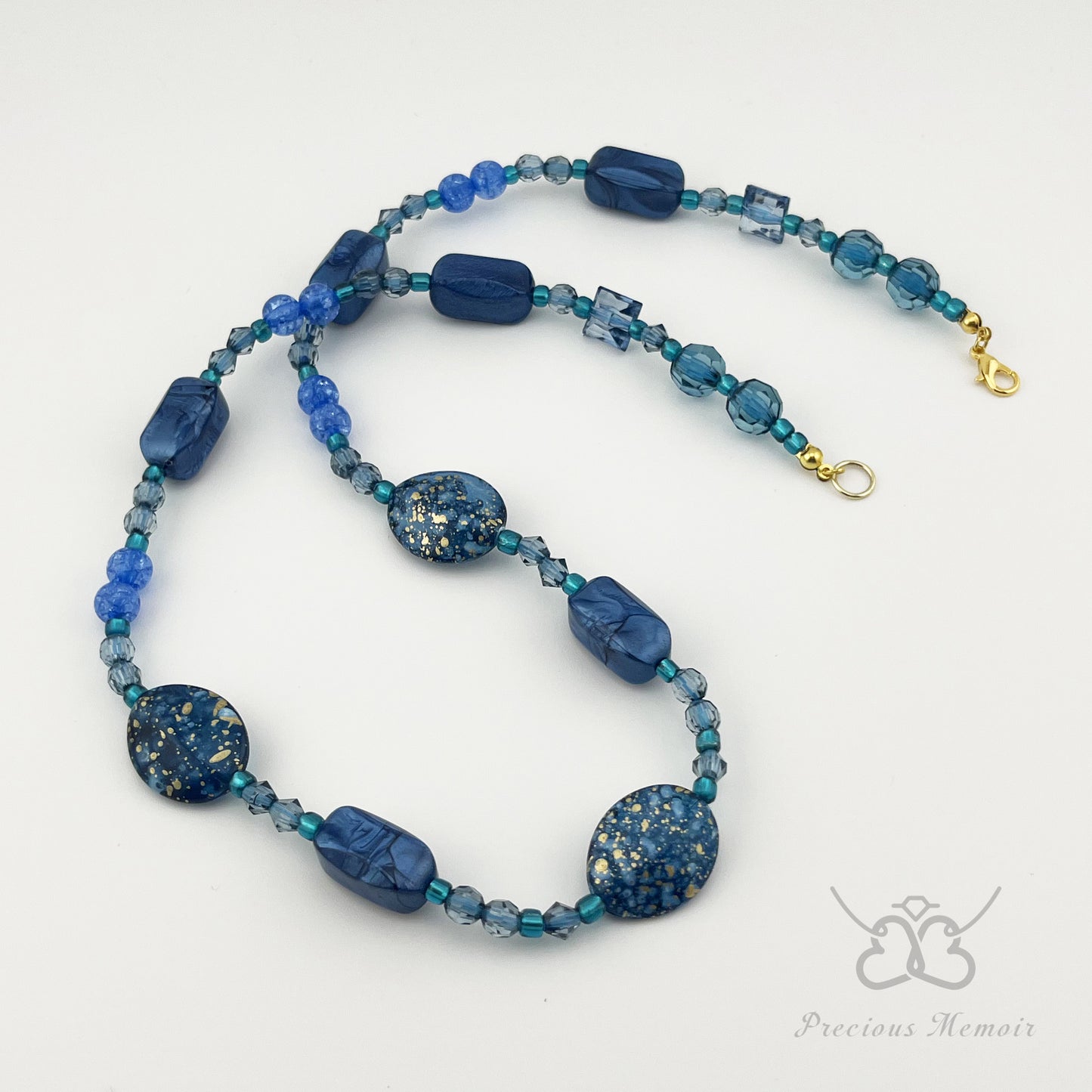 Blue Bead Necklace w/ Gold Speck & Swirl Gemstone Design