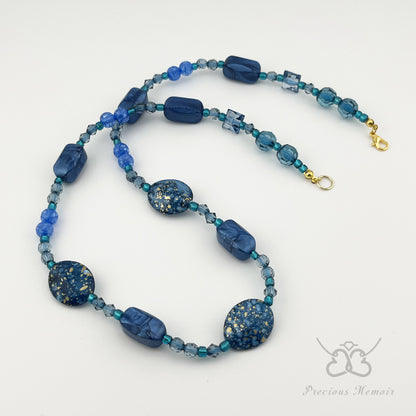 Blue Bead Necklace w/ Gold Speck & Swirl Gemstone Design